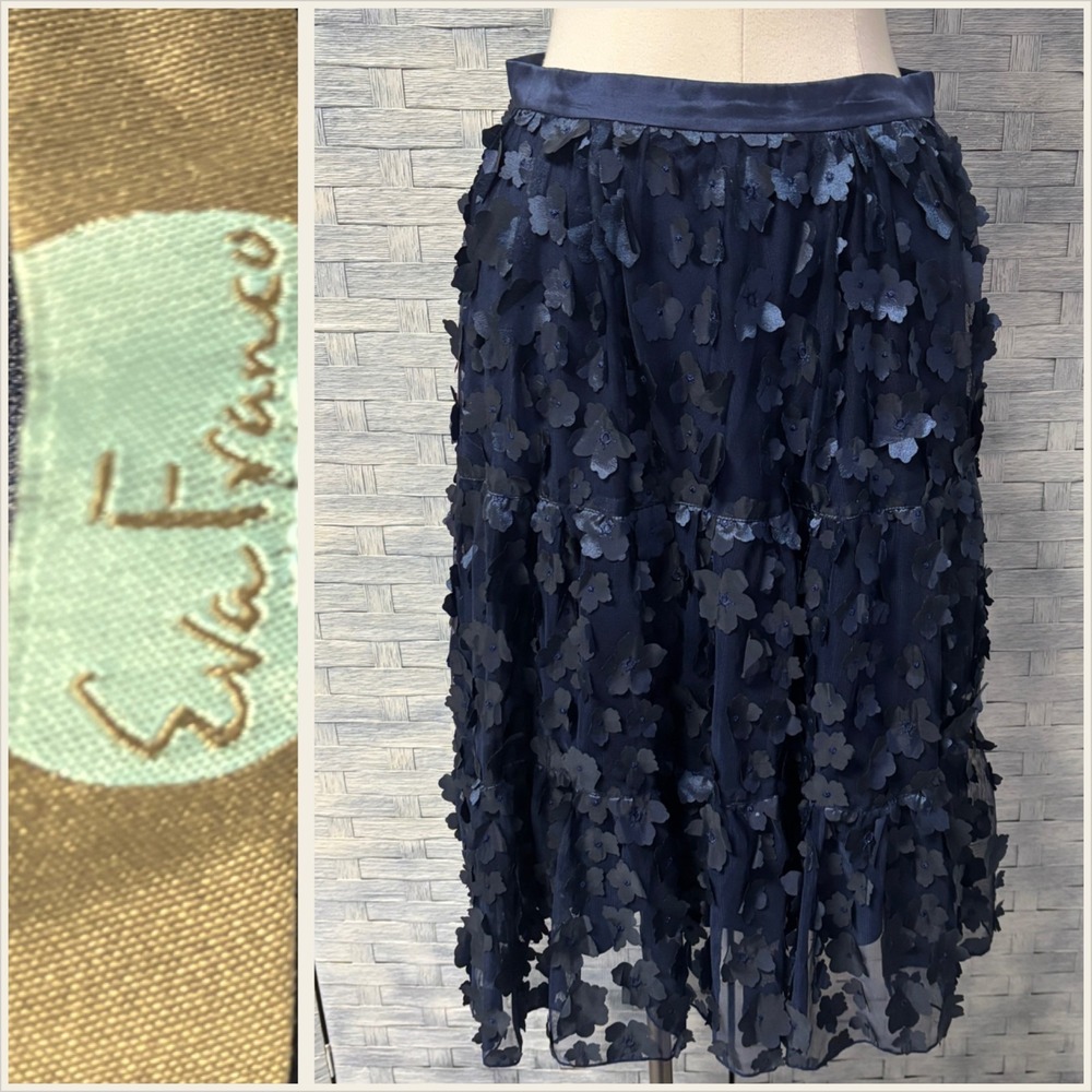 Eva Franco Navy Blue‎ Tiered Skirt Floral Applique Mesh Midi 6